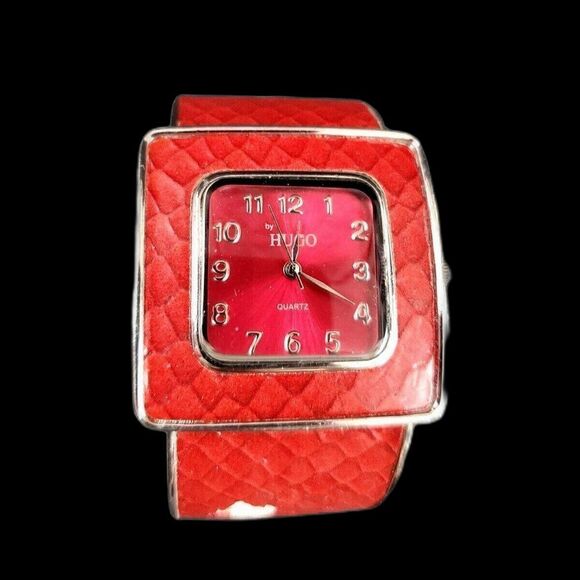 HUGO Accessories - HUGO Quartz Red Y2k Big Statement Square Stainless Steel Cuff Ladies Watch